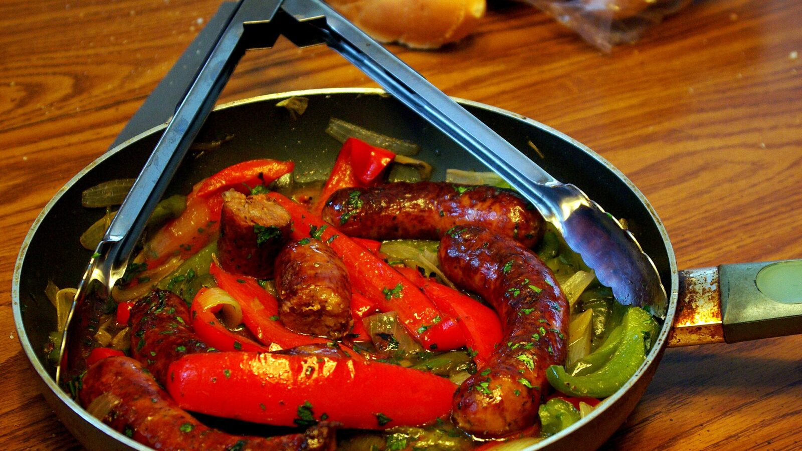 Sausage and peppers in a skillet