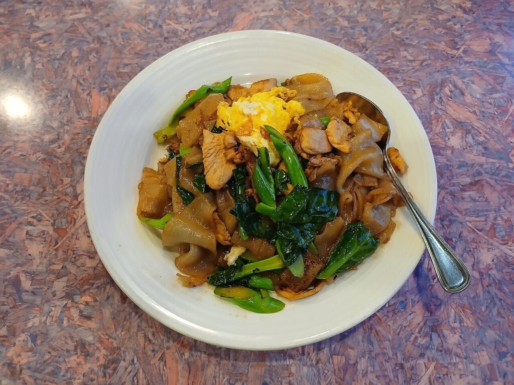 Chicken pad see ew with wide rice noodles, Chinese broccoli, and egg on a white plate